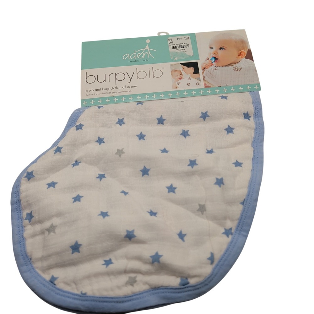 Aden + Anais Burpy Bib Unisex OS White Blue Stars Muslin Cotton 2-in-1 Snap Bib